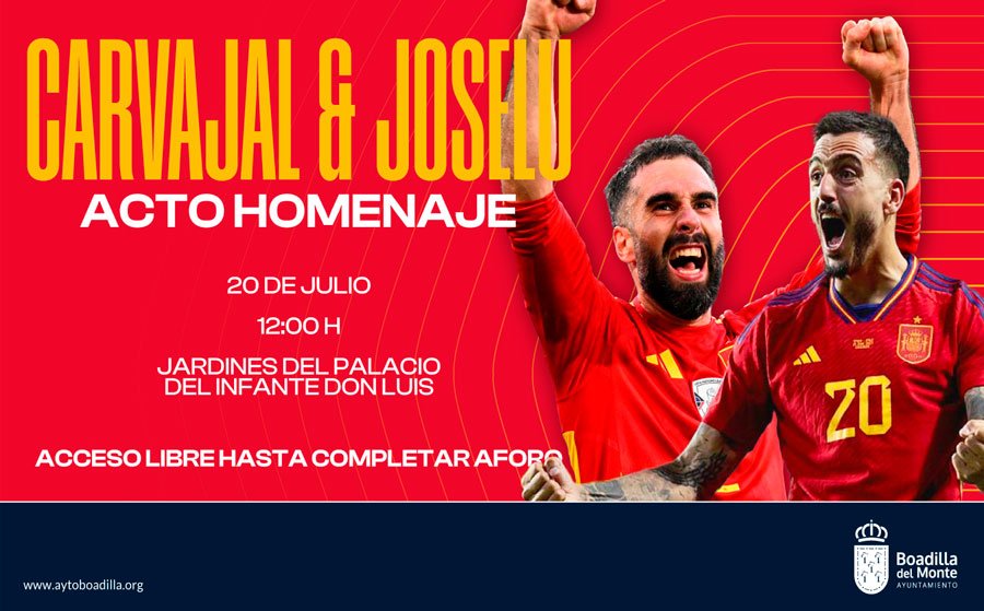 Los jugadores de la Selección Española de Fútbol Dani Carvajal y Joselu, ambos vecinos de Boadilla del Monte, estarán este sábado 20 de julio, a las 12.00 horas, en el Palacio del Infante D. Luis