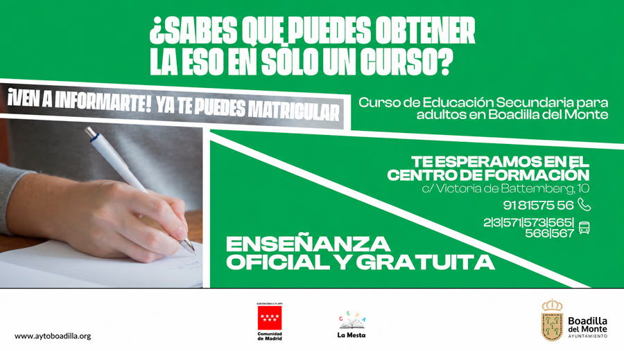 Curso de Educación Secundaria para adultos en Boadilla del Monte: abierto el plazo de matriculación hasta el 30 de noviembre Curso de Educación Secundaria para adultos en Boadilla del Monte: abierto el plazo de matriculación hasta el 30 de noviembre