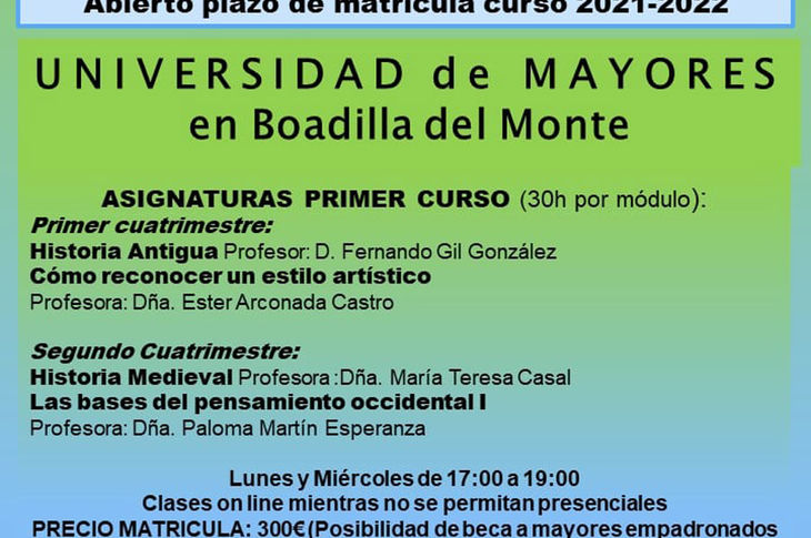 Abierto el plazo de matrícula para la Universidad de Mayores de Boadilla del Monte